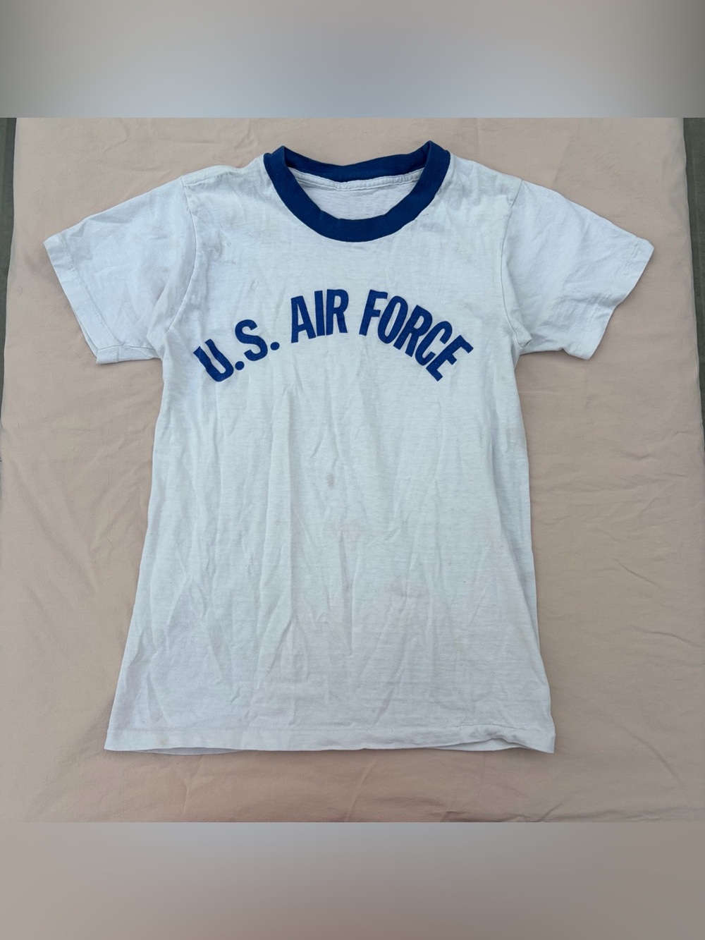 Vintage U.S. Air Force White & Navy Ringer Single Stitch Tee, 70s Baby Tee